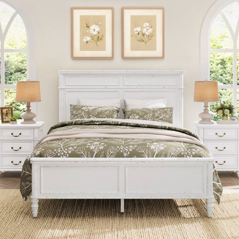 Queen/King Size Classic Wooden Bed Frame with Raised Panel Headboard and Footboard - White/Queen - King