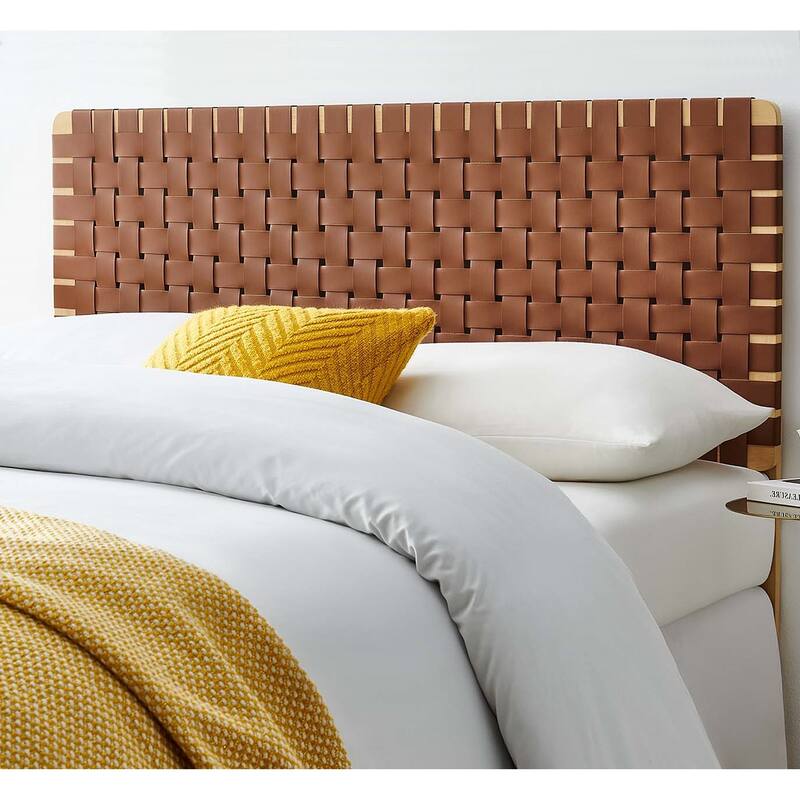 Ditmas Solid Wooden Brown Leather Basket Weaved Full Size Headboard
