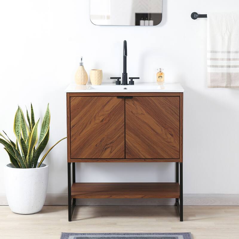 Juhl Chevron-Front Modern Minimalist 2-Shelf Bath Vanity Cabinet Only (Sink Basin Not Included), By JONATHAN Y - Walnut - 30"W x 18"D x 33"H