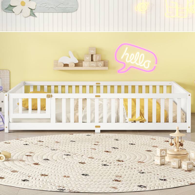 White Queen Size Pine Wood Floor Bed with Safety Guardrails and Door