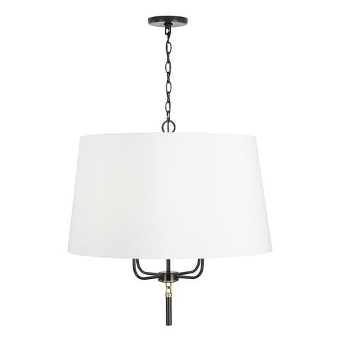 Beckham 4-light Glossy Black/ Aged Brass Drum Pendant w/ White Fabric Shade