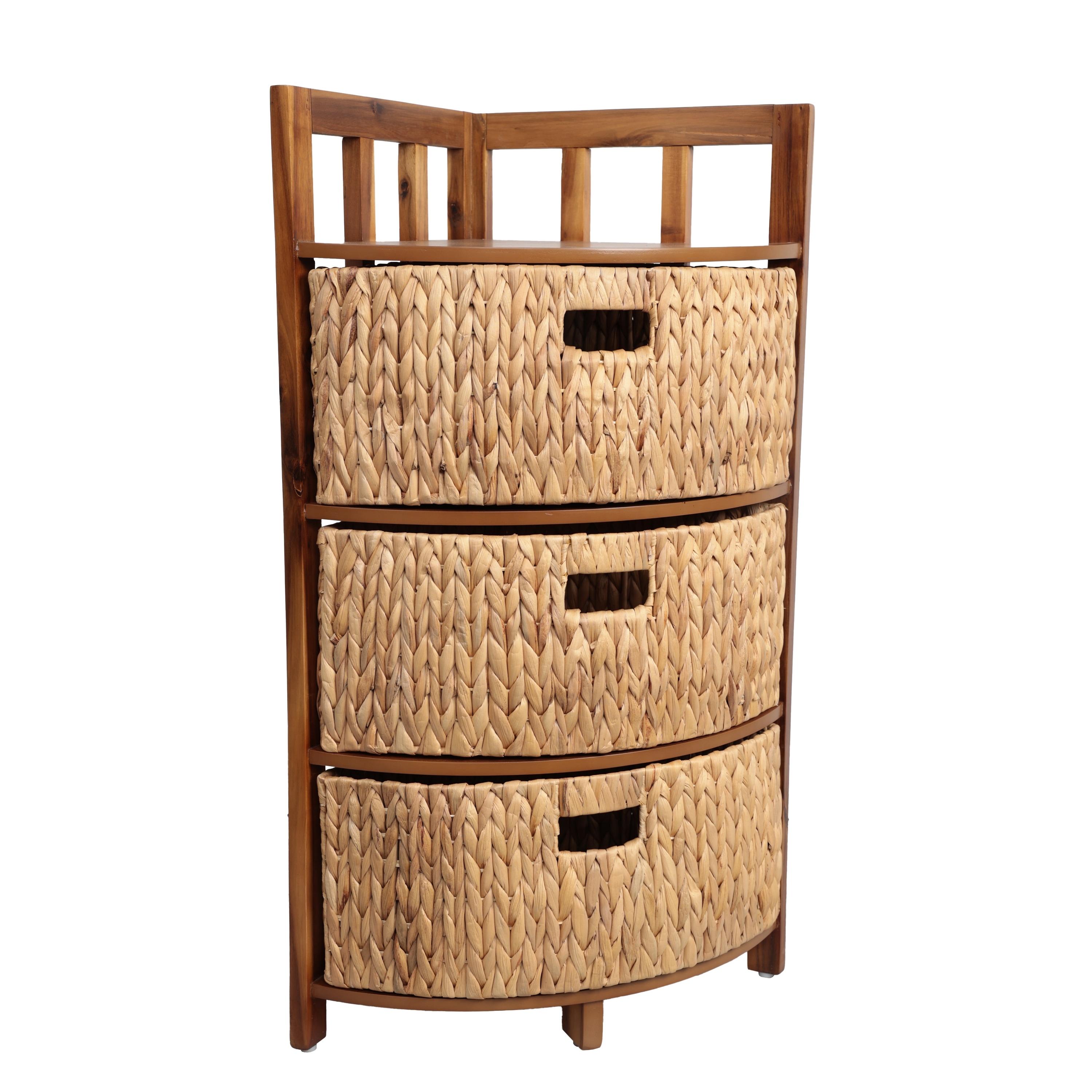 happimess Quart 34 in. H Handcrafted Acacia Wood 3-Tier Corner Storage Cabinet with 3 Water Hyacinth Baskets