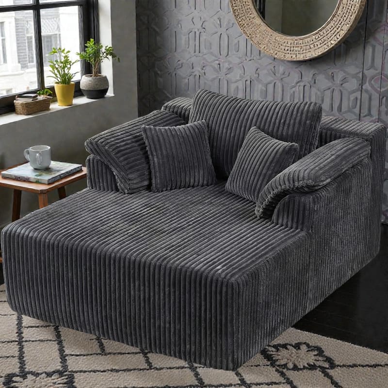 60 Inch Chaise Lounge Chair Indoor, Oversized Corduroy Boneless Sofa Bed with Deep Seat, No Assembly Required - Grey