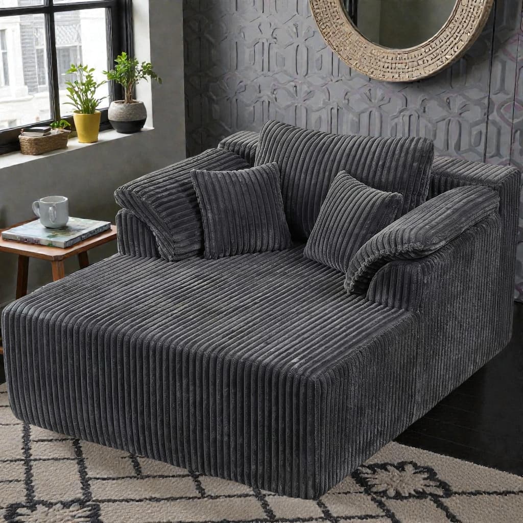 60 Inch Chaise Lounge Chair Indoor, Oversized Corduroy Boneless Sofa Bed with Deep Seat, No Assembly Required