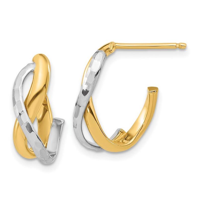 Curata 14k Two Tone Gold Polished and Sparkle Cut J hoop Post Earrings - 16.67x12.39mm