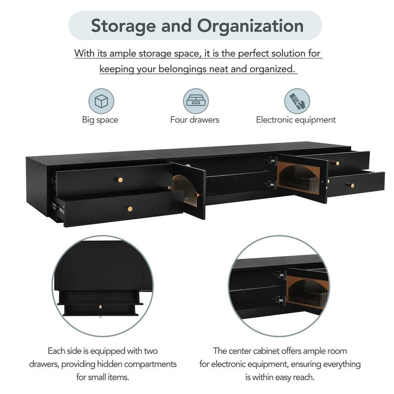 Luxurious TV Stand With 4 Drawers Fluted Glass Doors Easy Assembly Media Console Table Entertainment Center
