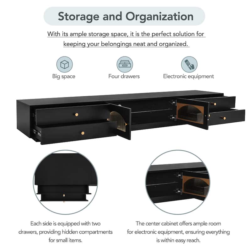 Modern Luxury TV Stand with 4 Drawer, 2 Cabinet Fluted and Cabinets Door for Living Room and Media Rooms​​