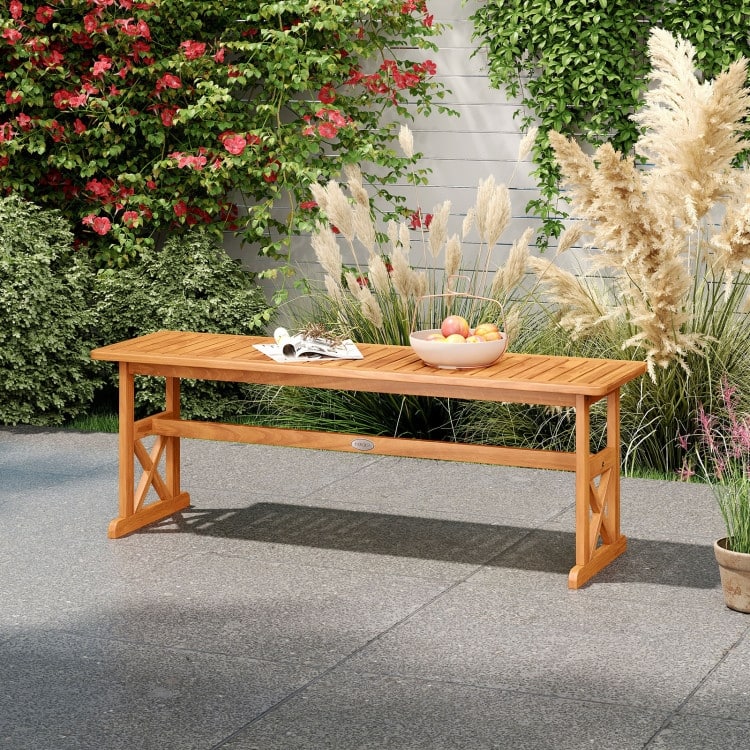 51 Inches Outdoor Acacia Wood Bench with Slatted Seat and 800 lbs Weight Capacity-2 Pieces
