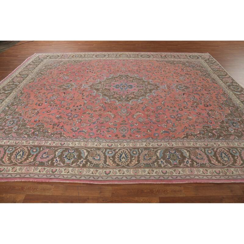 Traditional Pink Mashad Persian Vintage Rug Handmade Wool Carpet - 9'8"x 12'3"