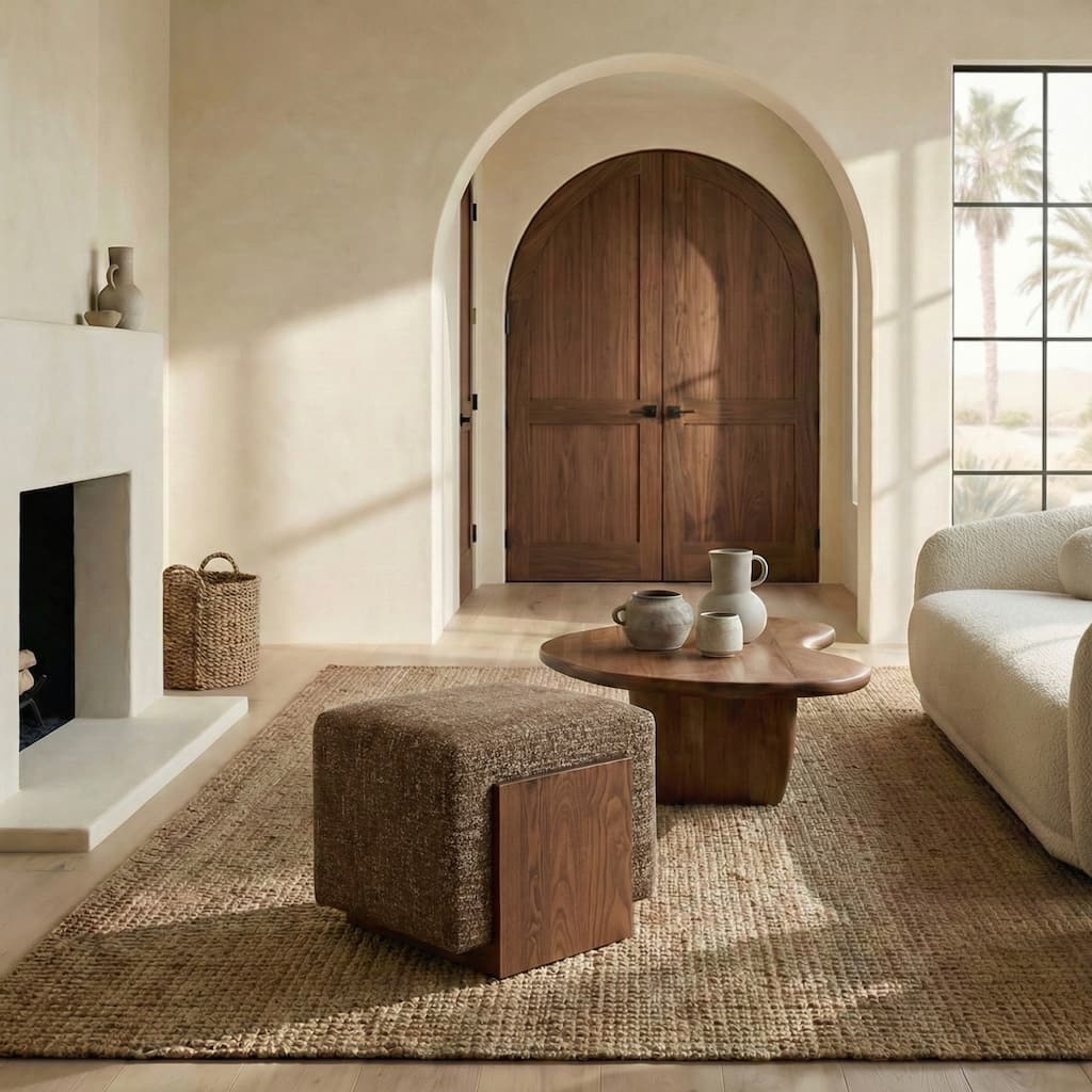 SAFAVIEH Couture Norabeth Ottoman, Upholstered Accent Stool with Solid Wood Base