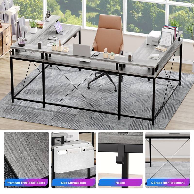 U Shaped Desk, 126 Inch Gaming Desk with Monitor Stand and LED Lights
