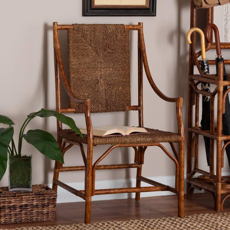 Ramos Marbled Tortoise Natural Rattan and Seagrass Armchair - Handwoven Wicker Chair, Rustic Boho Accent Seating