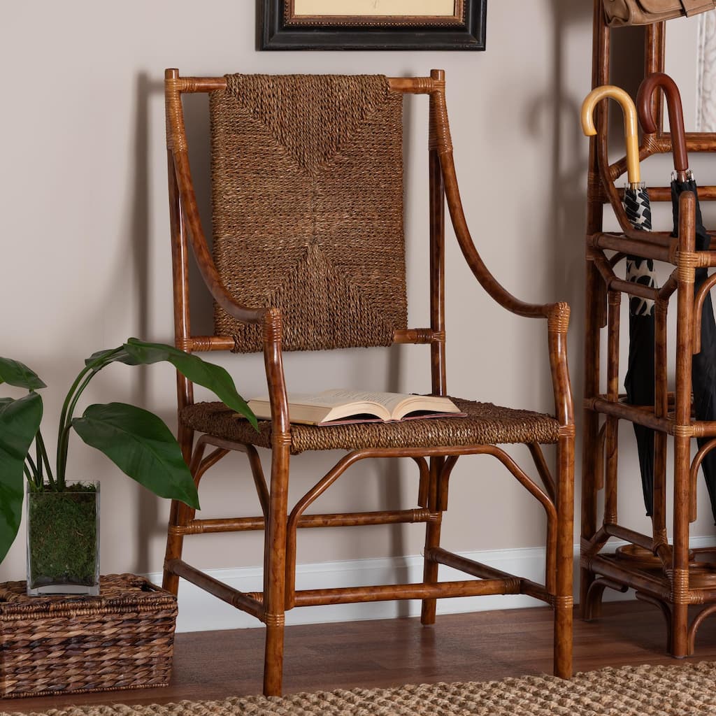 Ramos Marbled Tortoise Natural Rattan and Seagrass Armchair - Handwoven Wicker Chair, Rustic Boho Accent Seating