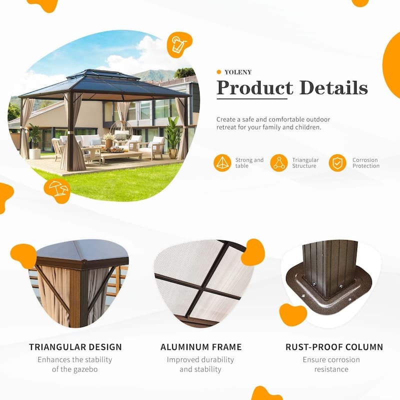Outdoor Pro Series Galvanized Steel Hardtop Patio Gazebo Pergola w/Aluminum Frame, Prime Curtains and nettings include