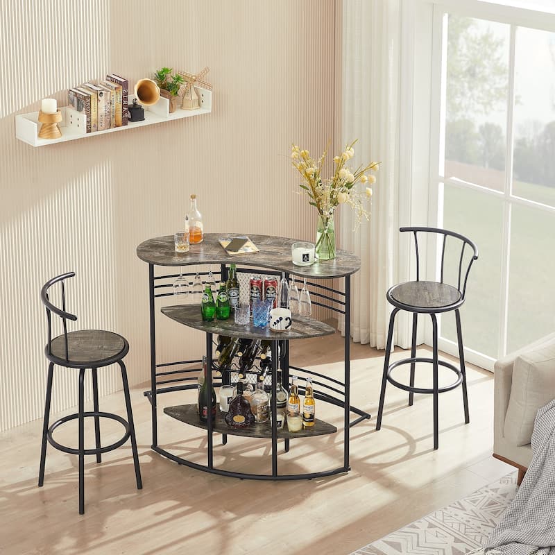 VECELO, 3-Piece Bar Table Set, Rustic Dining Room Pub Tables with Storage Shelf, 2 Back Barstools, Counter Height,