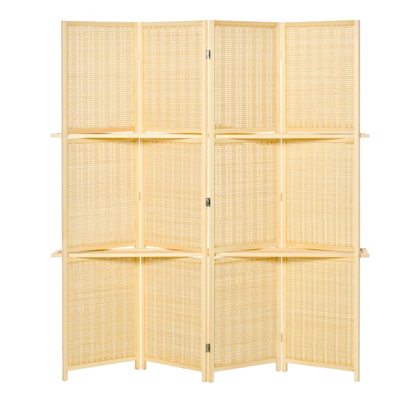 4-Panel Bamboo Folding Room Divider Screens with Storage Shelves - Natural