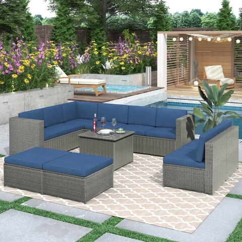 Oaks Aura 9-Piece Rattan Sectional Seating Group with Cushions and Ottoman, Patio Furniture Sets, Outdoor Wicker Sectional