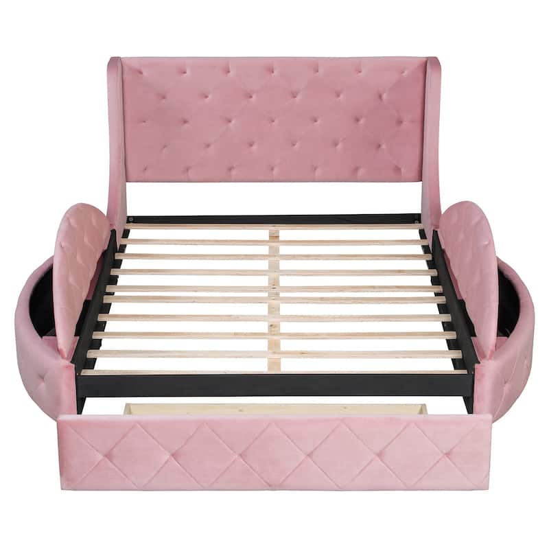 Roomfitters Queen Upholstered Platform Bed, Tufted Wingback Headboard, Velvet Frame, Storage Unit & Semicircular Stools