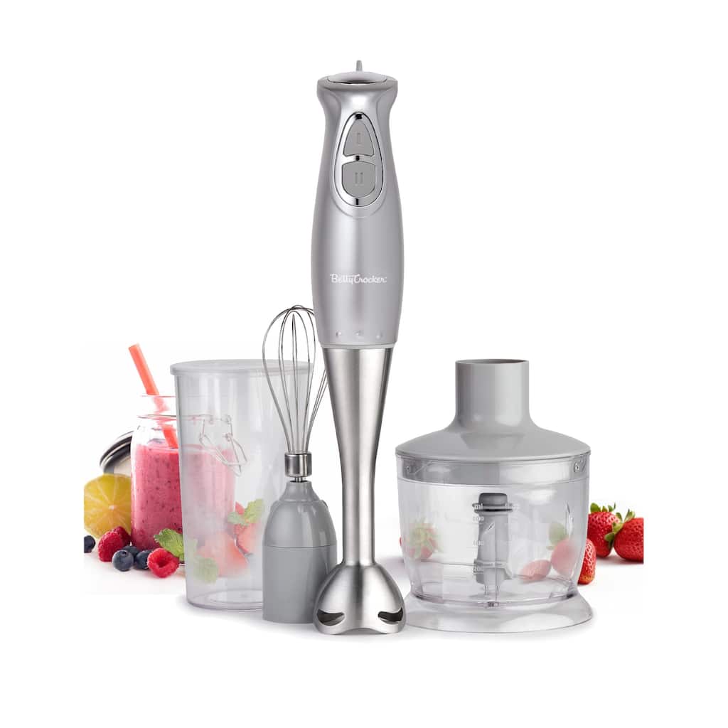 BETTY CROCKER Hand Blender with Beaker,Chopper & Whisk, Silver