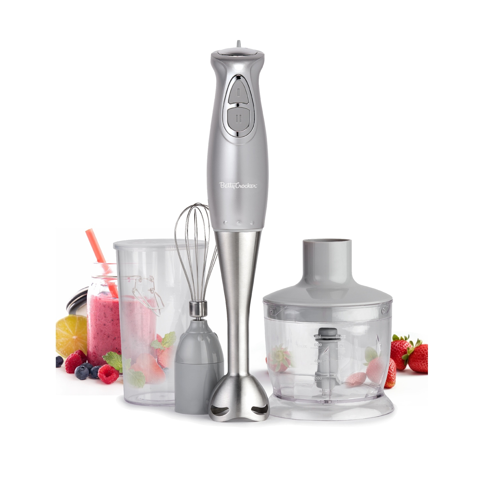 BETTY CROCKER Hand Blender with Beaker,Chopper & Whisk, Silver
