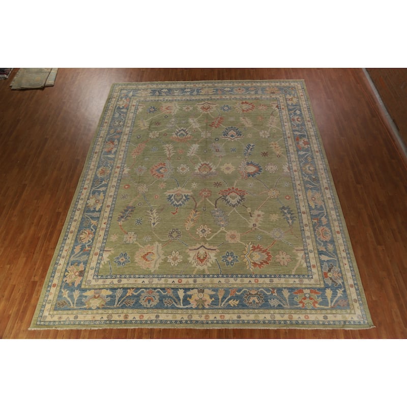 Hand Knotted Oriental 100% Wool Carpet Transitional All-Over Green Oushak Area Rug - 15' 1'' X 12' 2''