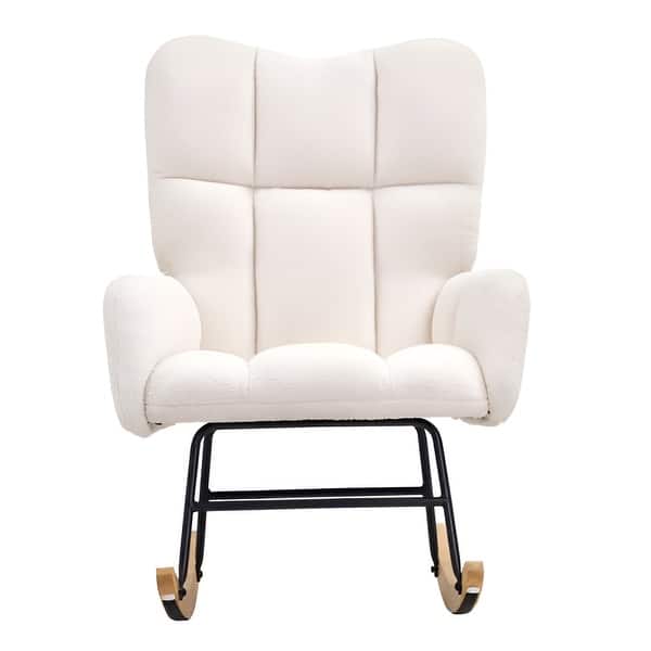 slide 2 of 10, Ivory White Teddy Velvet Nursery Rocking Chair Ergonomic High-Back Glider with Rubberwood Base - 37.4 x 28.2 x 38.2in Beige