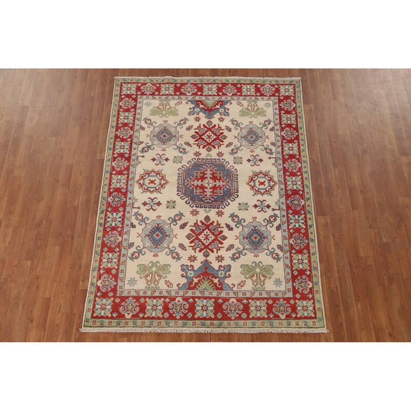 Ivory Kazak Area Rug Handmade Wool Carpet - 4'11" x 6'8"