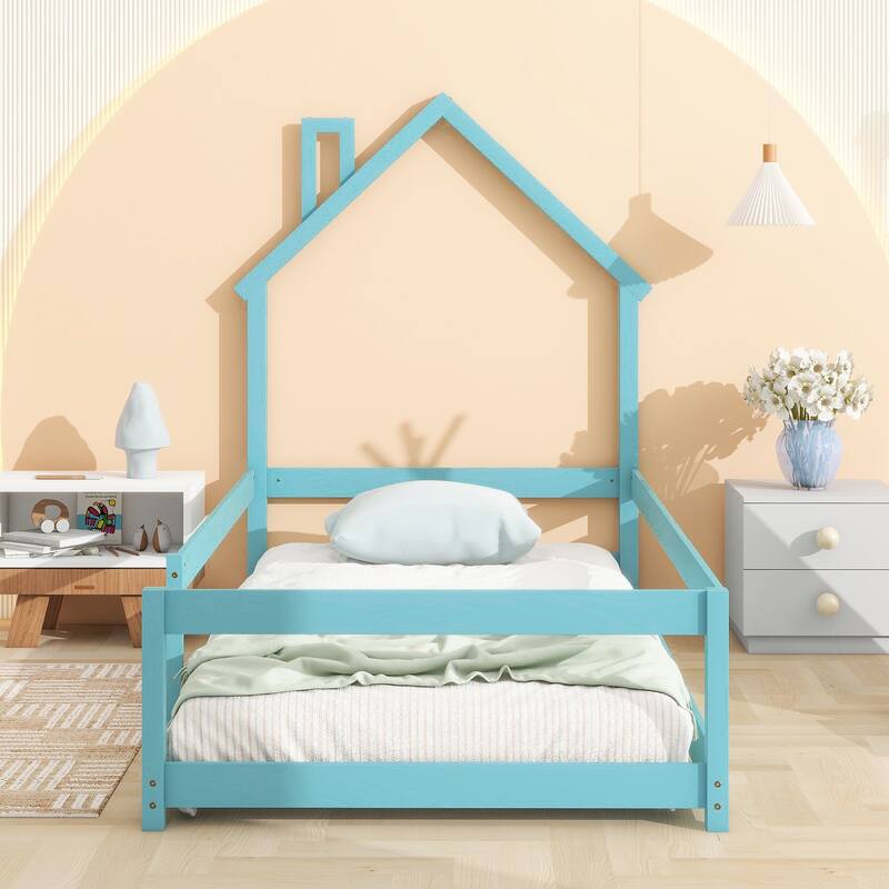 Twin Size Wood bed with House-shaped Headboard - Light Blue