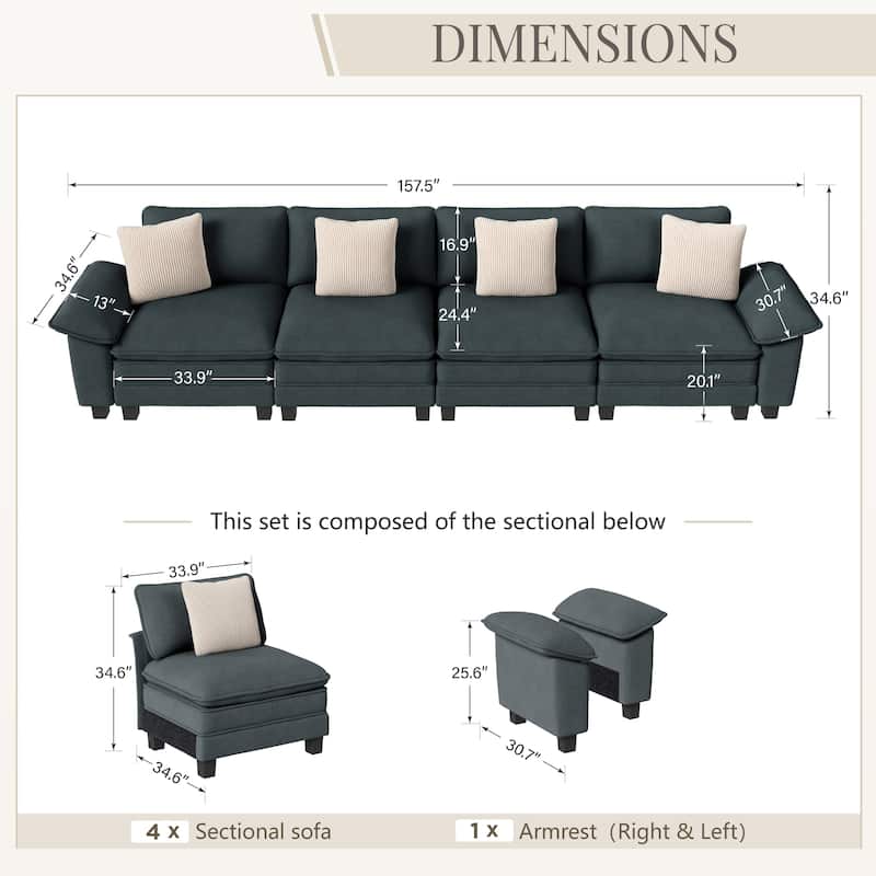 MAISON ARTS Cloud Modular Deep Seat Sofa, Chenille or Corduroy Sectional Couch with Removable Arms, 1–4 Seater