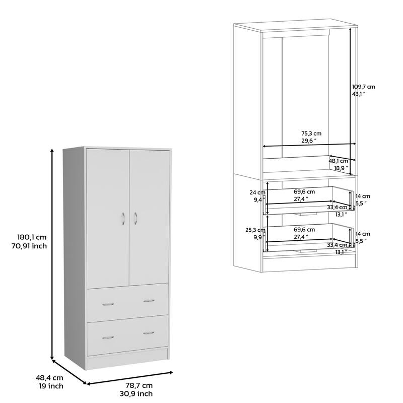 30.9" Modern Armoire with Double Doors, 2 Drawers and Hanging Rod for Bedroom