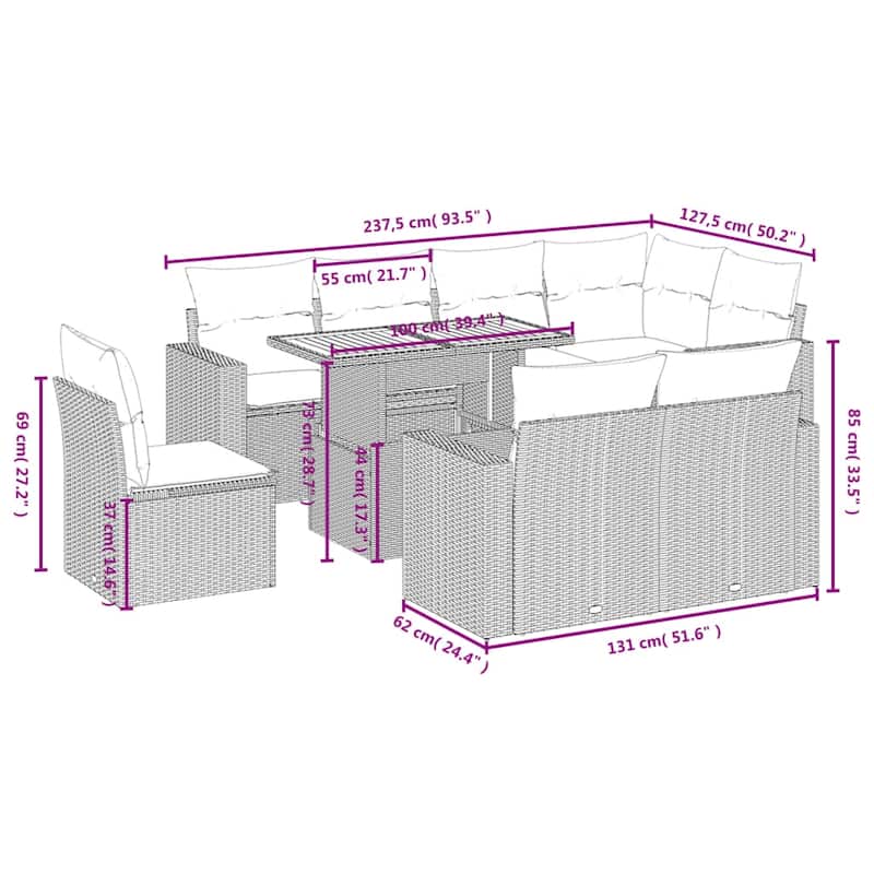vidaXL Patio Sofa Set with Cushions Modular Lounge Set 9 Piece Poly Rattan - 21.7 x 39.4 x 28.7