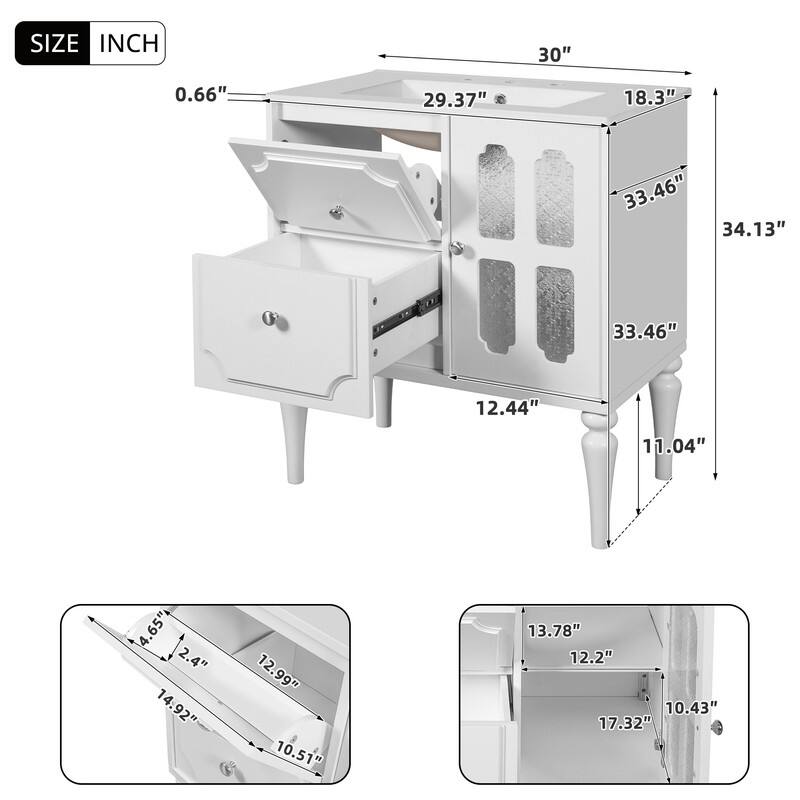 30" Bathroom Vanity with Ceramic Sink, 2 Drawers, Solid Wood Frame