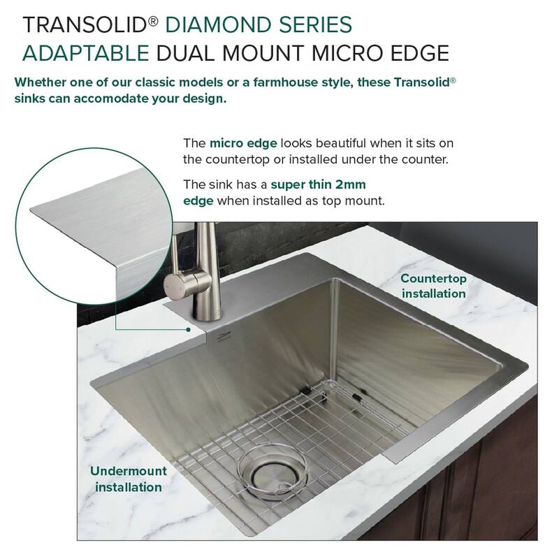 Diamond Sink Kit with Single Bowl, Micro Dual Mount Installation, Magnetic Accessories Kit, and Drain Kit