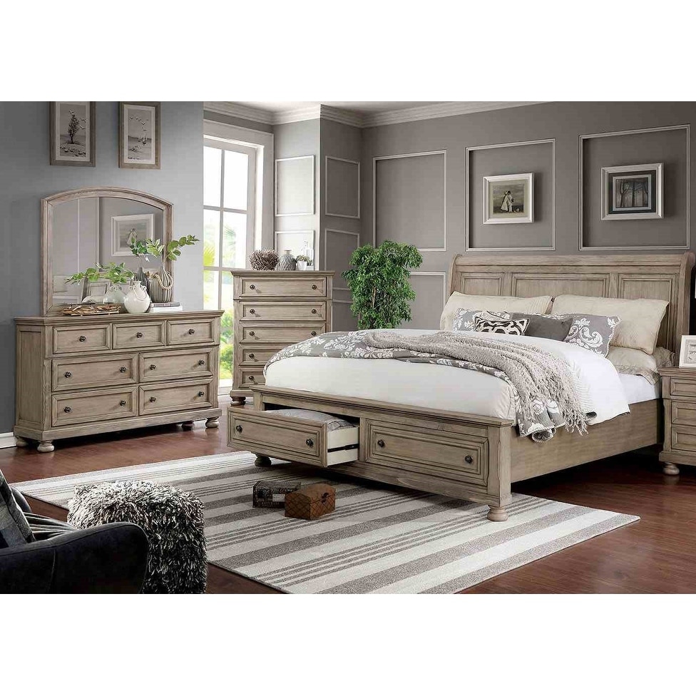 4pc Gray Transitional Bed Dresser Mirror Chest Bedroom Furniture Set