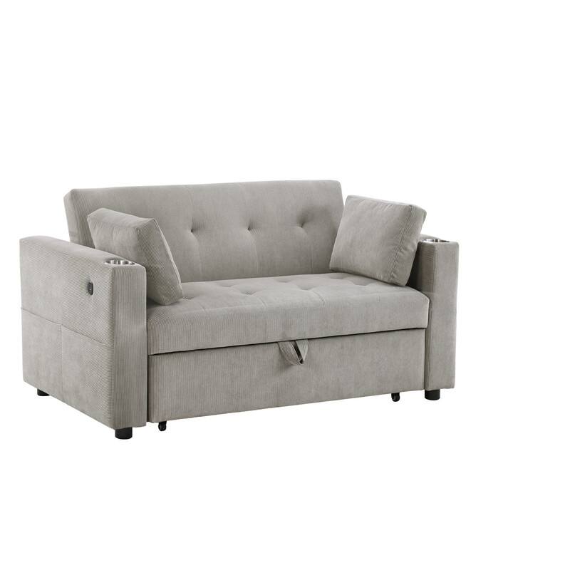 Luelle 57"W Corduroy Convertible Sleeper Loveseat with Cupholders, USB Ports, Magazine Pockets, Pillows, Tufting