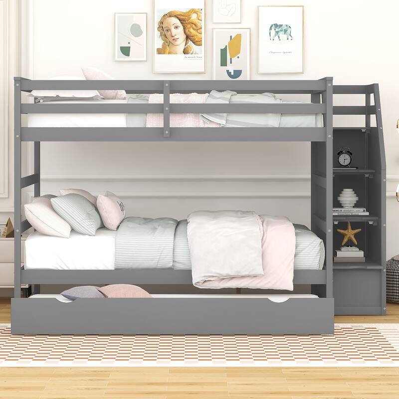 Bunk Bed with Trundle with Safety Guardrail and 3 Storage Stairs, Triple Bunk Multifunctional Space-Saving Solution for Bedroom