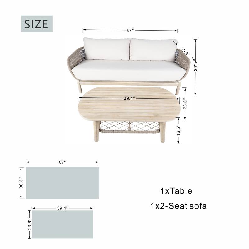 2-Piece Outdoor Acacia Wood Sofa Set with Coffee Table