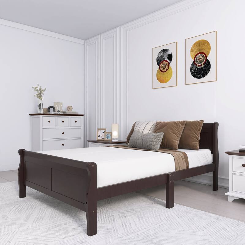 Full Size Wood Platform Bed with Headboard and Wooden Slat Support