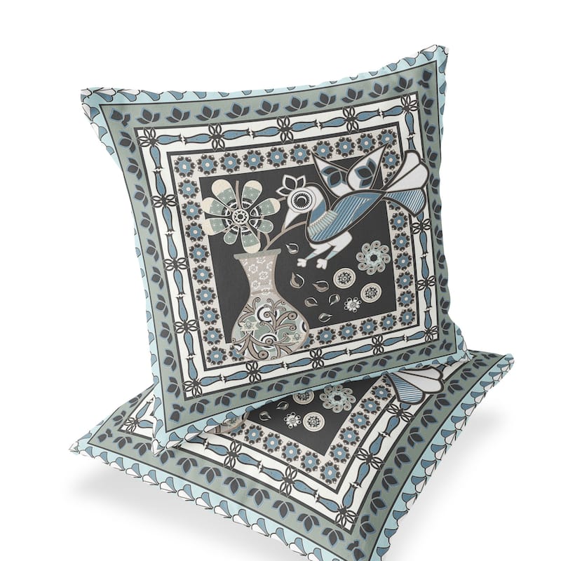HomeRoots Set of Two 16" X 16" Black and Blue Peacock Blown Seam Floral Indoor Outdoor Throw Pillow - 16.00' X '16.00' X '5.00