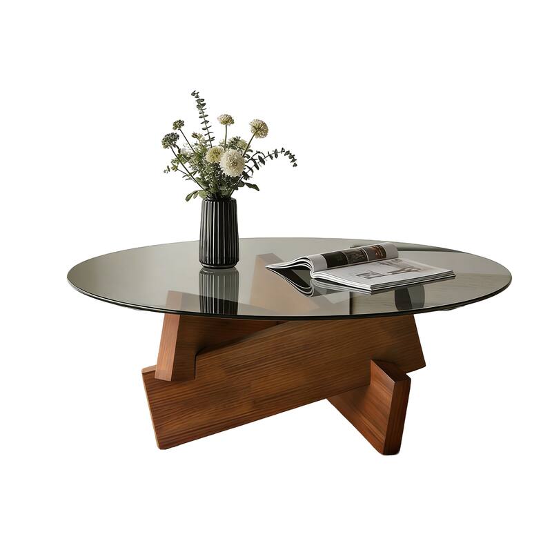 Modern Round Coffee Table for Living Room,Mid Century Center Table with Tempered Glass Top and Wood - Walnut