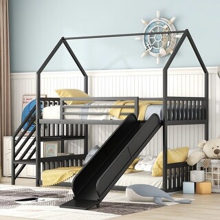 Black Twin over Twin Metal Bunk Bed with Slide and Staircase House Bed ...