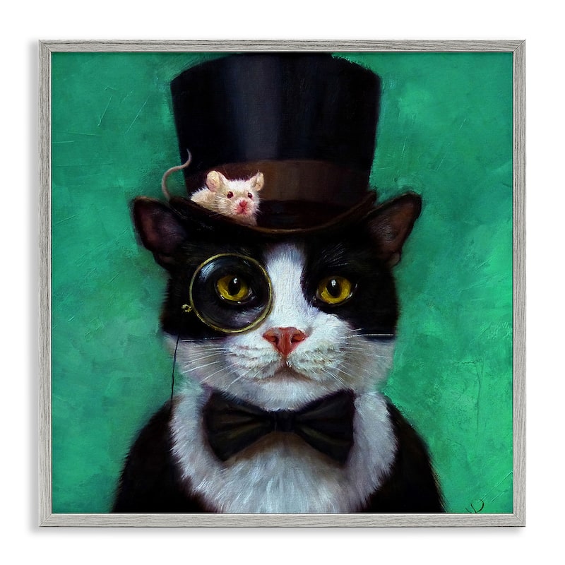 Stupell Good Sir Top Hat Cat w. Mouse and A Monacle Framed Wall Art, 12x12, Proudly Made in USA