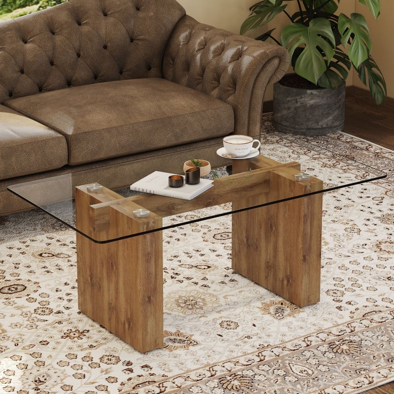 43.3" Length Tempered Glass Coffee Table with MDF Legs