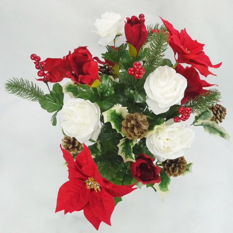Artificial Winter Frost Seasonal Mixed Bush Holiday, Red, Cream,