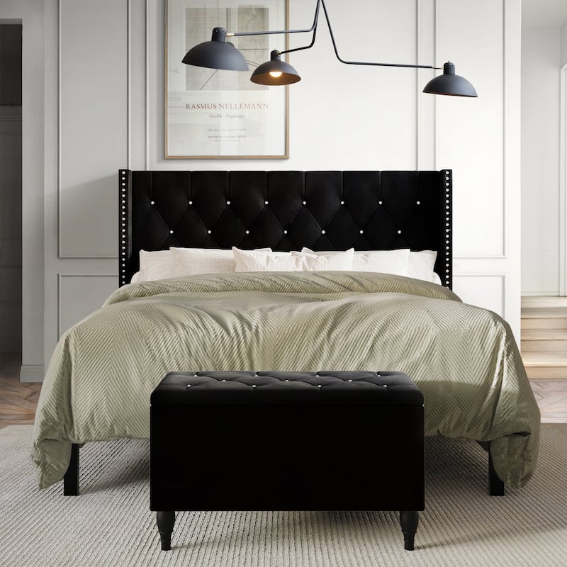 CraftPorch 2 Piece Bedroom Bench Set Velvet Wingback Upholstered Bed