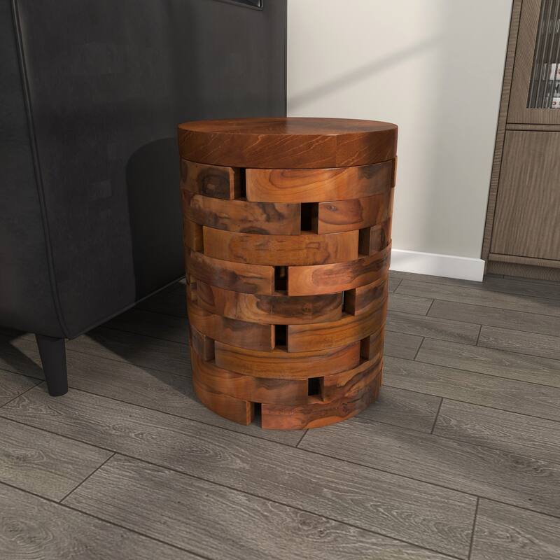 Teak Wood Handmade Live Edge Accent Table with Brick Inspired Design - Light Brown, Brown