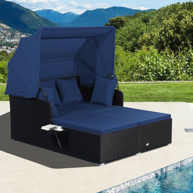 Outdoor Patio Daybed with Canopy and Foldable Side Trays - 65" x 60.5 x 58.5"