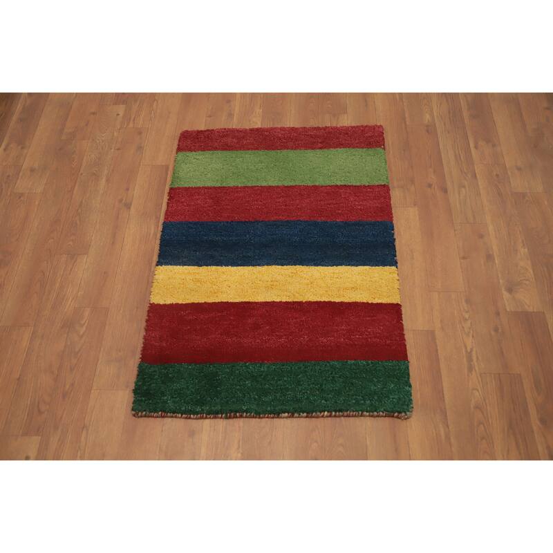 Hand Knotted Oriental 100% Wool Carpet Modern Stripe Multi-Colored Gabbeh Area Rug - 2' 9'' X 1' 11''