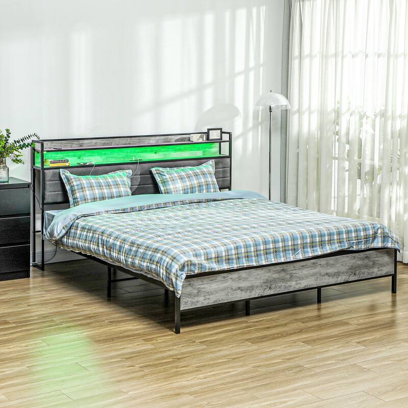 King Size Platform Bed with RGB Lights, Charging Station & LED Headboard
