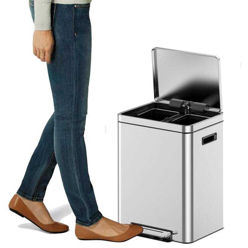 8 Gallon Dual Compartment Trash Can, Stainless Steel Garbage Can with Soft-Close Lid